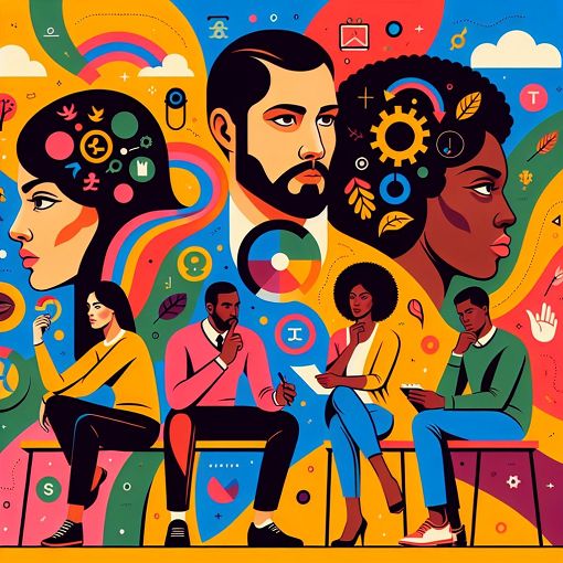 Create an image featuring a diverse group of people engaged in introspective activities like discussing, reflecting, and taking notes, with a whimsical, colorful background symbolizing different personality types. Include elements representing the DISC personality model.