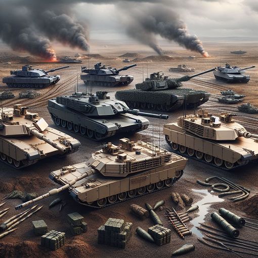 A detailed illustration of various military tanks, showcasing models like the Leclerc, Abrams, and Leopard 2, set on a modern battlefield background.