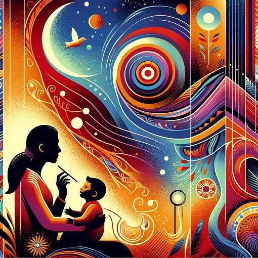 A colorful and engaging illustration representing human development concepts, featuring a mother-child bond, emotional growth, and behavioral techniques, in a warm and inviting style.