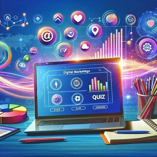 A vibrant digital marketing-themed image showcasing elements like social media icons, analytics graphs, and a laptop with a quiz interface. Bright colors and a modern design to attract attention.