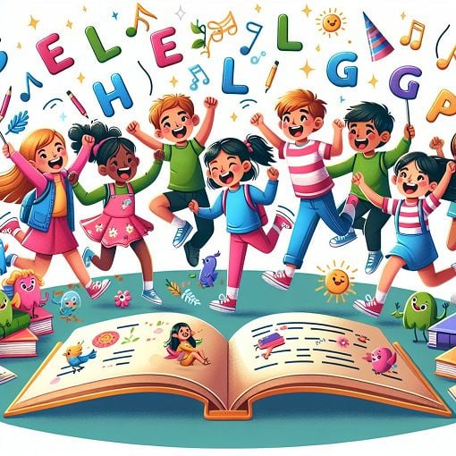 A colorful and engaging illustration of children happily taking a quiz with elements of English language learning, such as books, letters, and fun characters.