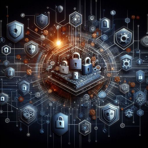 A detailed illustration representing cybersecurity concepts, featuring elements like locks, shields, and digital network patterns, to reflect the theme of protecting information and networks.