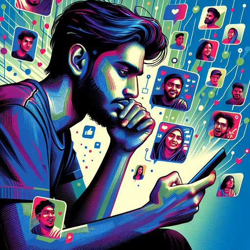 A colorful illustration of a person looking at social media on their phone, feeling a mix of emotions like excitement and sadness, surrounded by images of friends at events.