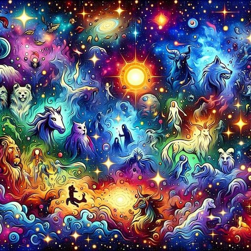 An illustration of a cosmic landscape with vibrant colors, featuring various animal spirits symbolizing protection, and hints of Marvel characters hidden within the scenery.