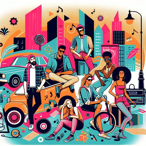 A colorful, vibrant illustration of a group of diverse friends hanging out by stylish cars in a fun urban setting, reflecting a lively and youthful atmosphere, with elements of music and adventure.