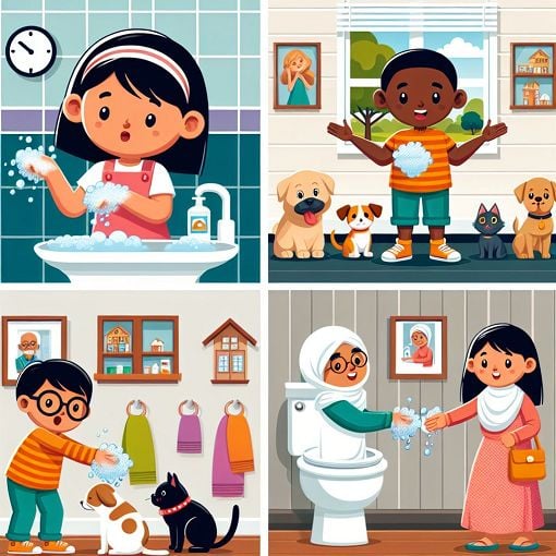 A humorous and engaging cartoon depicting various hygiene practices, such as washing hands, using the toilet, and interacting with pets in a clean house setting.