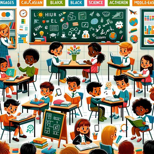 Create an educational illustration of a classroom with students engaging in learning activities, with books and colorful posters about core subjects, ideal for a quiz about primary education.