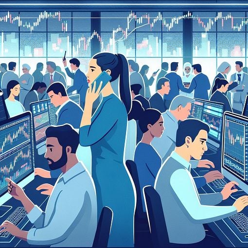 A vivid illustration of a bustling trading floor with traders analyzing charts, currencies, and screens filled with market data, symbolizing the spirit of trading and finance.