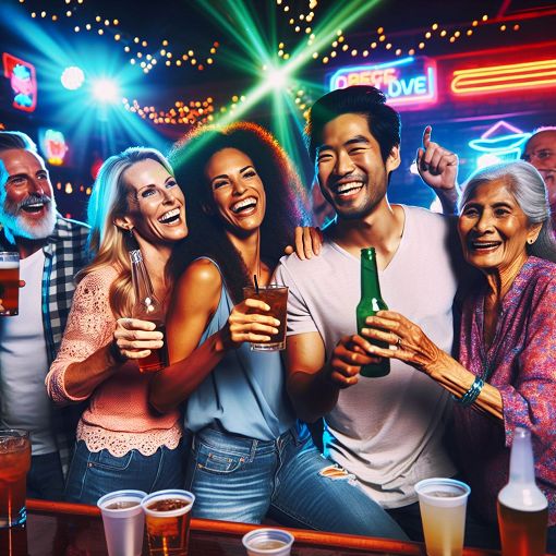 A vibrant nightlife scene in Scottsdale, Arizona, featuring a group of diverse young adults enjoying drinks and dancing in a bar, with neon lights and a lively atmosphere