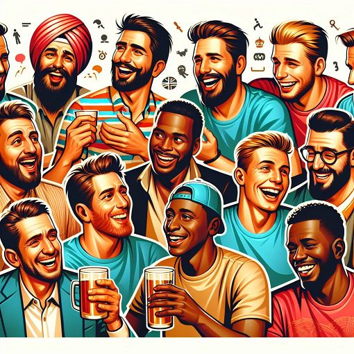 A vibrant and humorous illustration depicting various male personalities in a social setting, showcasing different expressions and activities related to friendship, drinking, and sports.