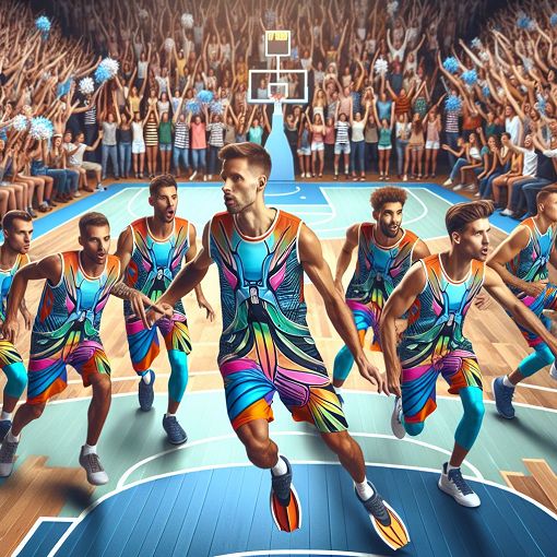 A vibrant, dynamic basketball team in action on the court, showcasing their new uniforms with the Flippers logo prominently displayed, surrounded by enthusiastic fans cheering.