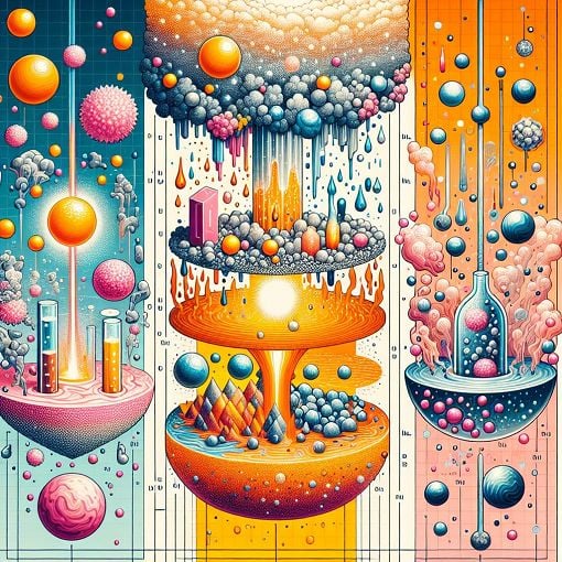 A colorful illustration depicting the different phases of matter: solid, liquid, gas, with examples of phase changes like melting, boiling, sublimation, and condensation in a visually engaging manner.