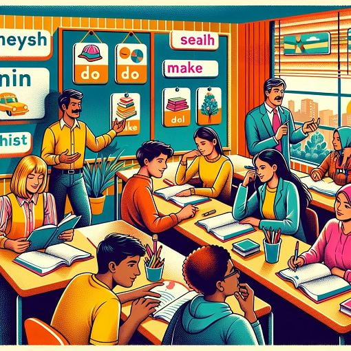 A colorful and engaging illustration of a classroom setting with students learning English, including visual cues for the verbs 'do' and 'make'.