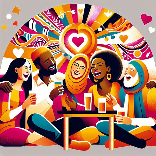 A colorful and engaging illustration showing friends having fun together, with symbols of warmth and bonding, like hearts and sunshine in the background.