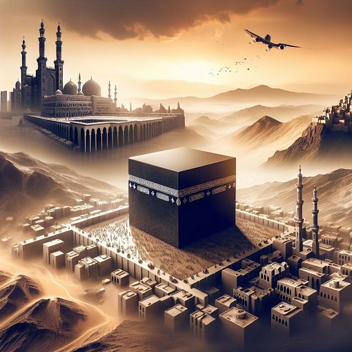 Create an inspiring image that depicts the struggles and early life of Prophet Muhammad in Makkah, with symbolic elements like the Kaaba, ancient Makkah, and the desert landscape.