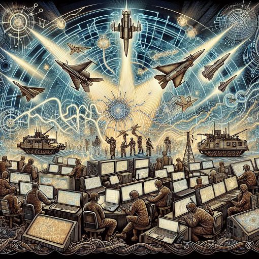 A detailed and engaging illustration of Electronic Warfare concepts, showcasing radio waves, electronic jamming, and cyber operations in a modern military context.