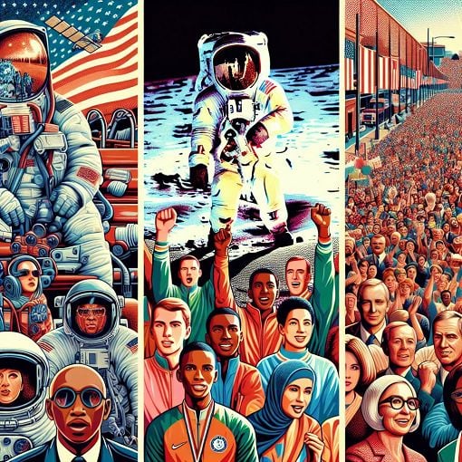 A collage of notable historical events including a moon landing, the Olympic Games, and civil rights protests in an engaging and colorful style.