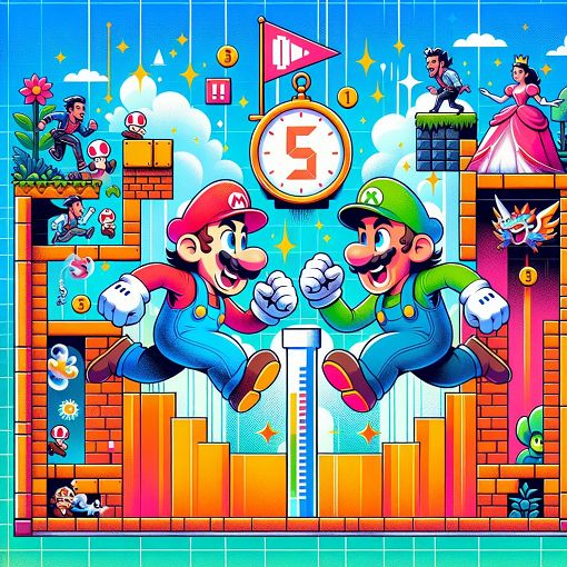 Create an engaging and colorful digital artwork representing speedrunning in New Super Mario Bros. Wii, featuring iconic elements from the game like characters, levels, and a timer, with a vibrant background.