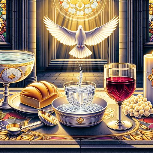 A visually engaging illustration depicting symbols of the Christian sacraments, such as water for baptism, bread and wine for Eucharist, and a dove representing the Holy Spirit, all set in a serene church environment.