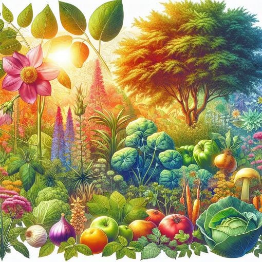 A vibrant illustration of a variety of plants including trees, flowers, and vegetables in a sunny garden, showcasing their leaves, roots, and fruits, to emphasize their diversity and importance in nature.