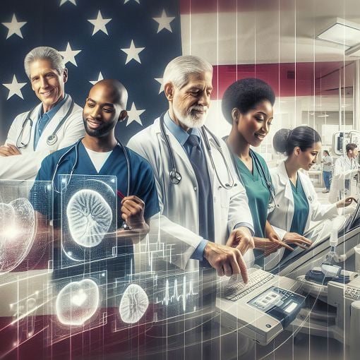 Generate an image depicting a diverse team of healthcare professionals collaborating in a healthcare setting, showcasing elements of integrated care, with an American flag subtly in the background.