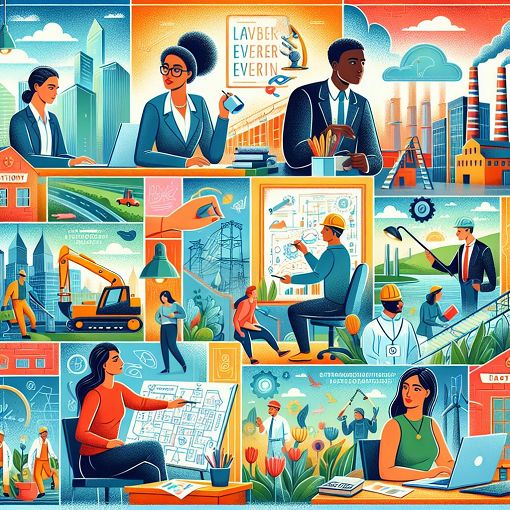 A bright and engaging illustration of diverse workplaces, showing people in various jobs like an office, factory, and outdoors, with a background of inspirational quotes about work and careers.