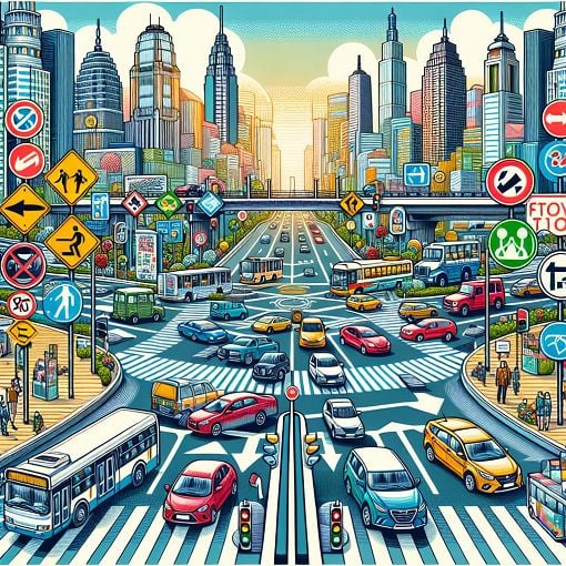 A colorful and informative illustration of traffic signs, vehicles, and a road, showing safe driving practices and different types of vehicles in a busy city environment.