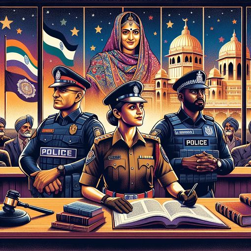 A vibrant illustration representing the Gujarat Police with elements of law and order, including police badges, law books, and a courtroom setting in the background.