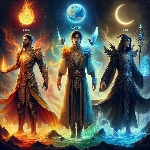 Create an image of a mystical landscape blending elements of fire, water, earth, and air with characters representing different classes like a warrior, healer, and a mage, vibrant and engaging.