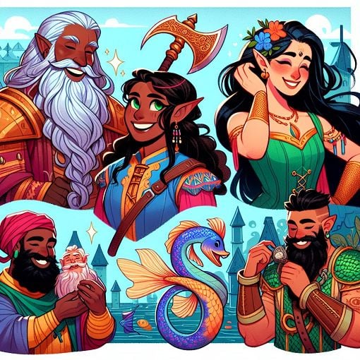 A vibrant and colorful illustration featuring original characters in a whimsical fantasy setting, showcasing diverse personalities and styles, with elements that represent friendship and creativity.