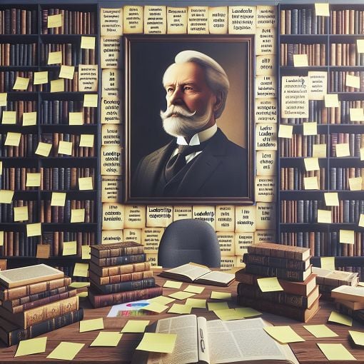 An inspiring and educational image depicting a library or office filled with books about leadership, featuring a portrait of Warren Bennis and inspirational quotes on leadership and management.