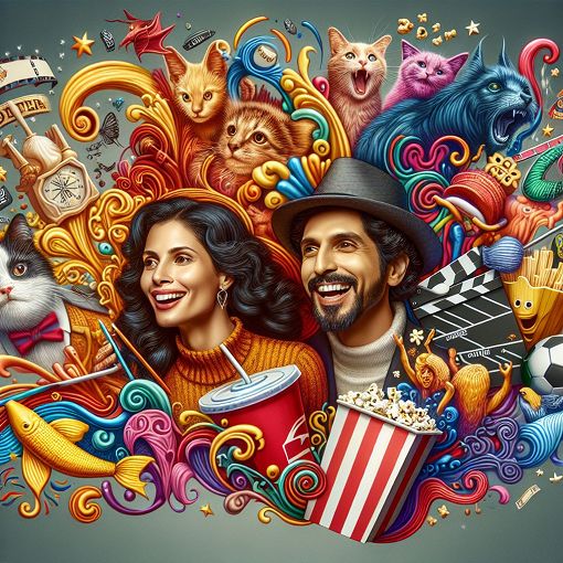 A colorful and whimsical illustration of a playful couple surrounded by iconic symbols representing different movie genres and humorous elements, such as snacks, astrological signs, and pets.