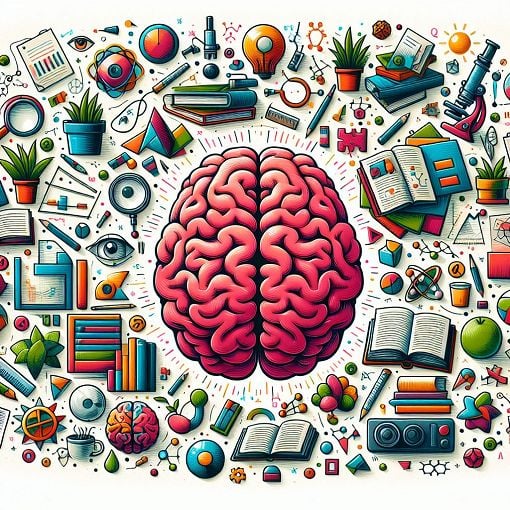 A vibrant and colorful illustration depicting a brain surrounded by books, plants, and educational symbols, conveying a sense of knowledge and learning.