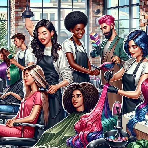 A colorful and engaging illustration of a hair salon scene, featuring diverse stylists and clients enjoying different hair services, with a cheerful and vibrant atmosphere.