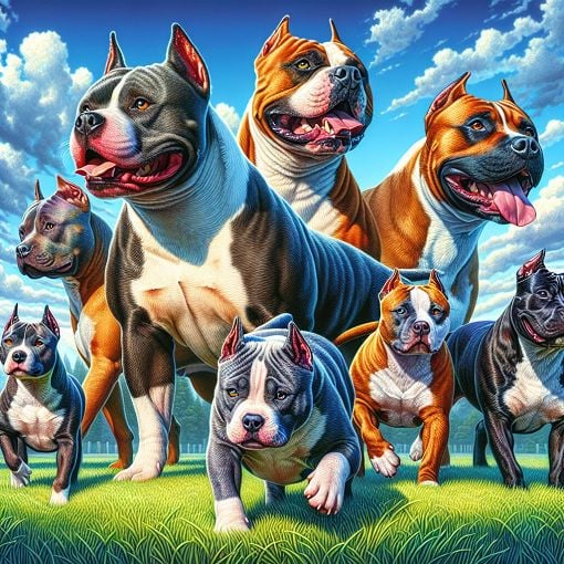 A highly detailed and colorful digital illustration of various Bull-type dog breeds, including American Bully, American Stafford, and Staffordshire Bull Terrier, in a playful outdoor setting.