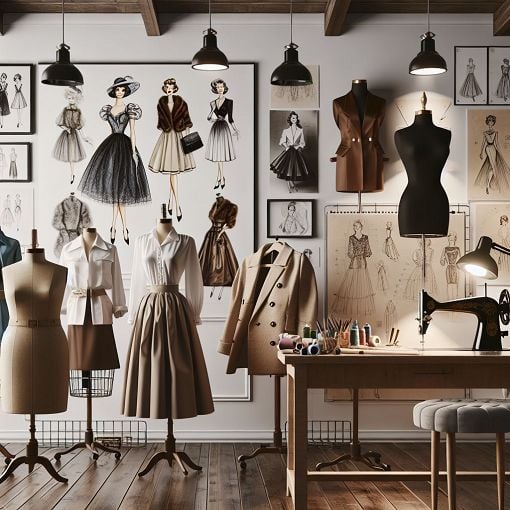 A stylish, elegant fashion design studio featuring iconic Dior garments and sketches, with a vintage and modern aesthetic, showcasing the evolution of Dior fashion.