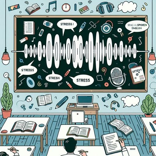 A visually appealing illustration depicting stress patterns in spoken English, featuring sound waves and highlighted words in a text bubble format, with a classroom background.