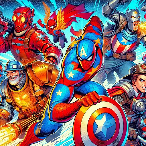 A vibrant and colorful illustration featuring various Marvel superheroes like Spider-Man, Iron Man, Captain America, and Thor, in an action-packed comic book style.