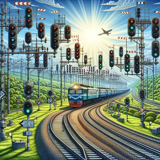 A detailed illustration of railway signals in action, showing various types of signals and a train approaching them, emphasizing safety and regulation. Include a clear sky and railway tracks in a vibrant green landscape.