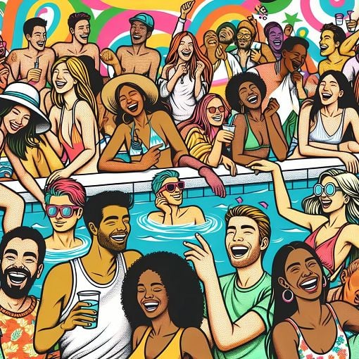 A colorful, vibrant illustration of different friends hanging out together, showcasing various activities like swimming, partying, and laughing in a youthful setting.