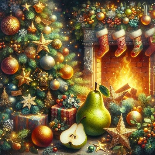 A whimsical holiday-themed illustration featuring Christmas elements, pears, and a fun atmosphere.