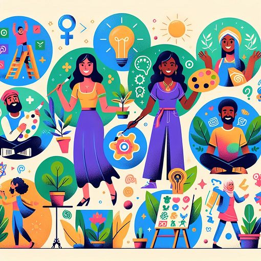 A whimsical and colorful illustration of diverse characters representing different personality types in a fantastical setting, surrounded by symbols of friendship, creativity, and fun activities.