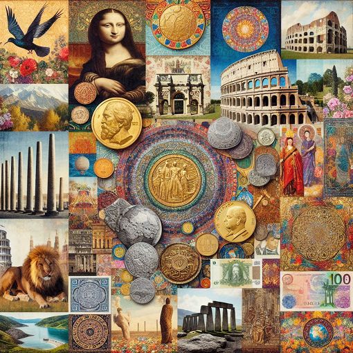 A vibrant collage showcasing Famous landmarks, art pieces, currencies, and symbols from various cultures around the world.