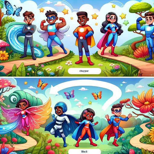 A colorful and fun illustration depicting various cartoon-style characters representing different superpowers and personality traits, set in a whimsical landscape.