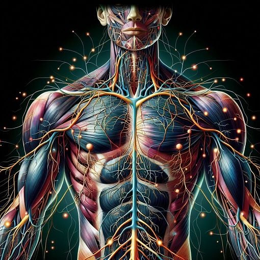 A detailed anatomical illustration of the human brachial plexus, highlighting its roots, branches, and associated muscles in a vibrant clinical style.