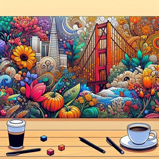 Create a colorful and fun illustration featuring various elements like coffee cups, flowers, and San Francisco landmarks, along with a friendly quiz atmosphere.