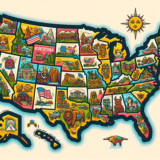 Create an engaging illustration of a map of the western United States highlighting state capitals with icons representing each capital city and a quiz theme.