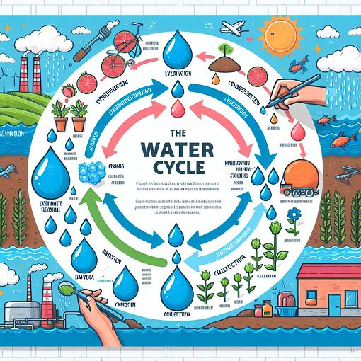 A vibrant infographic illustrating the water cycle, highlighting the importance and uses of water in various sectors such as agriculture, industry, and daily living.