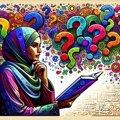 An illustration of a person pondering over a colorful quiz with a variety of question marks and icons representing different knowledge categories, in a vibrant and playful style.