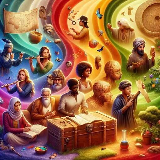 A colorful, whimsical illustration showing diverse characters with different personality traits in a playful setting, hinting at their unique attributes and interests.